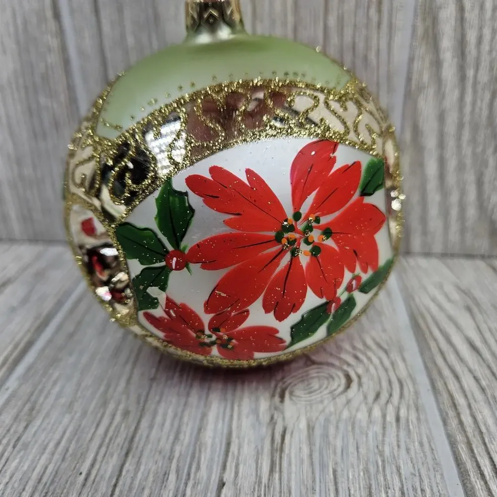 Vintage Hallmark Christmas Ornament Poinsettia Indent Ball Glass Red Gold 4 Inch